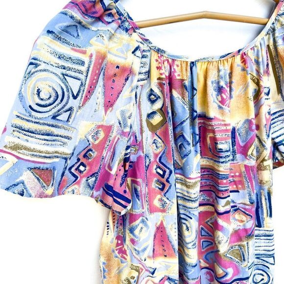 Vintage Handmade Colorful Pastel Abstract Print Short Sleeve Midi Ruffle Dress - Picture 8 of 9